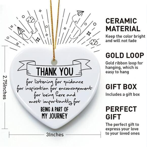 Thank You Heart Ornament Ceramic Keepsake Gift for Teacher Friend Coworker Boss - Picture 3 of 6